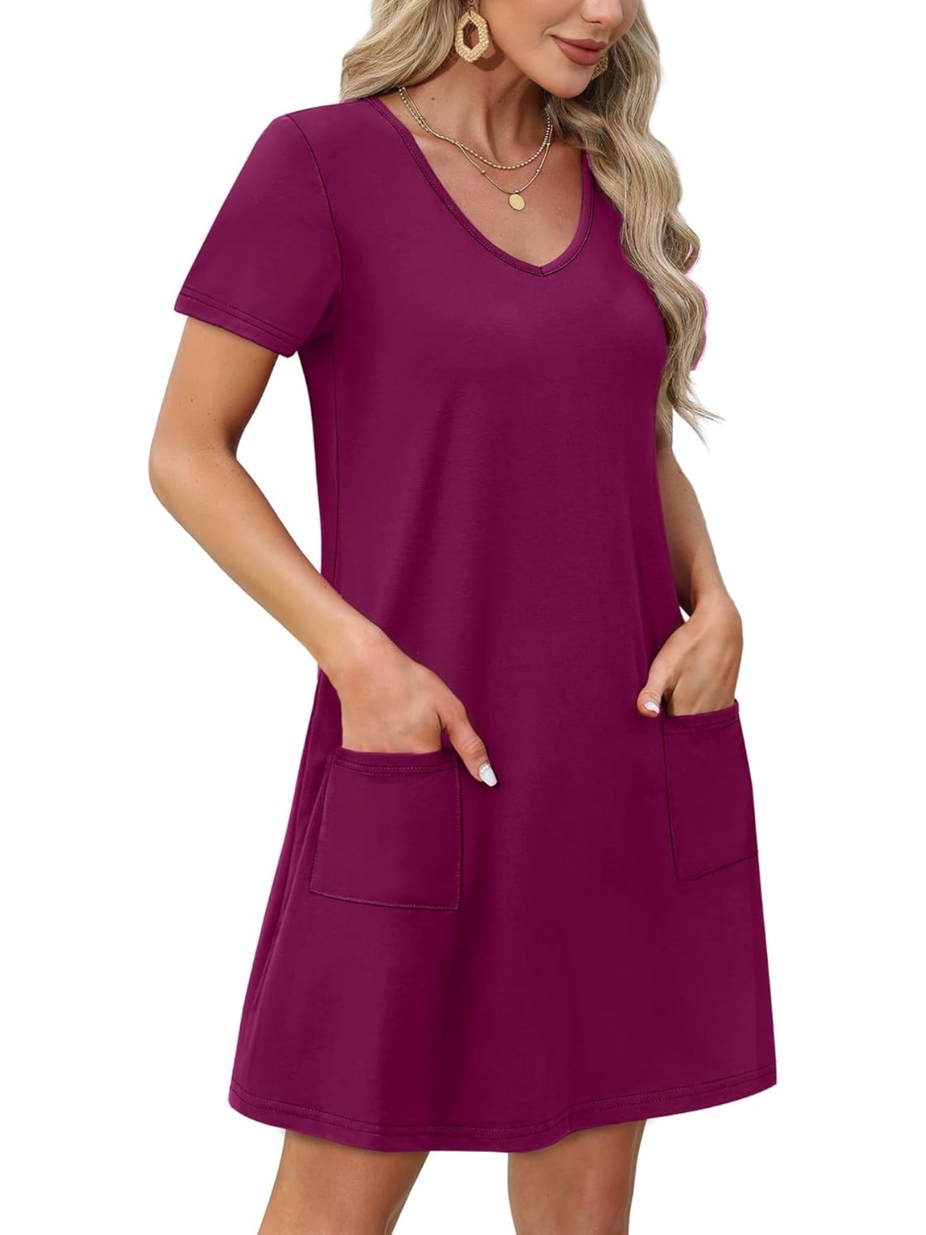 Loose V Neck Short Sleeve Casual T Shirt Dress