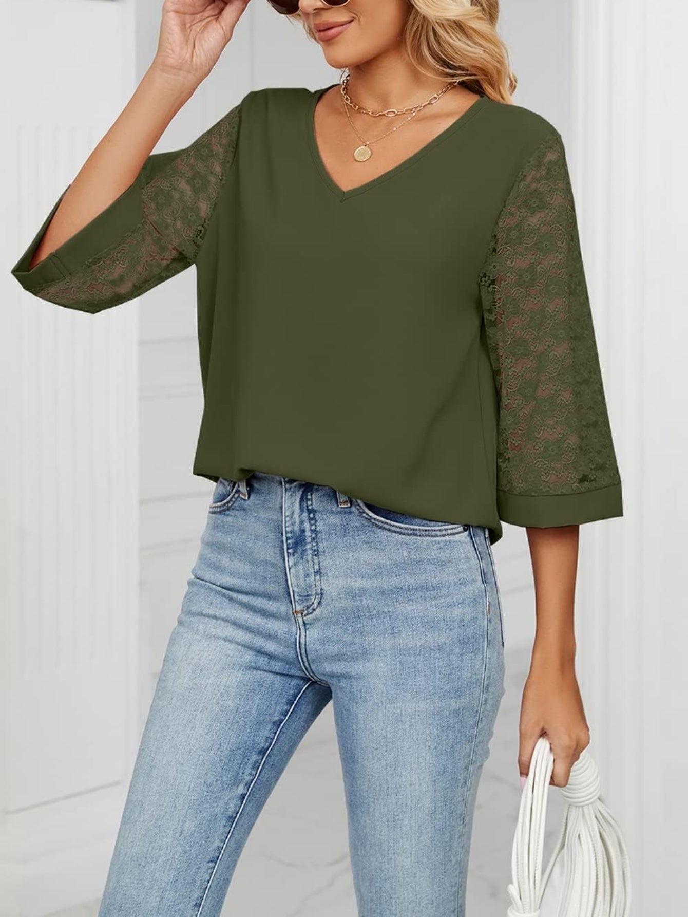 Casual 3/4 Sleeve Lace Chiffon Solid T-Shirt