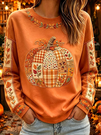 Orange Maple Leaf Printing Crew Neck Long Sleeve T-shirt