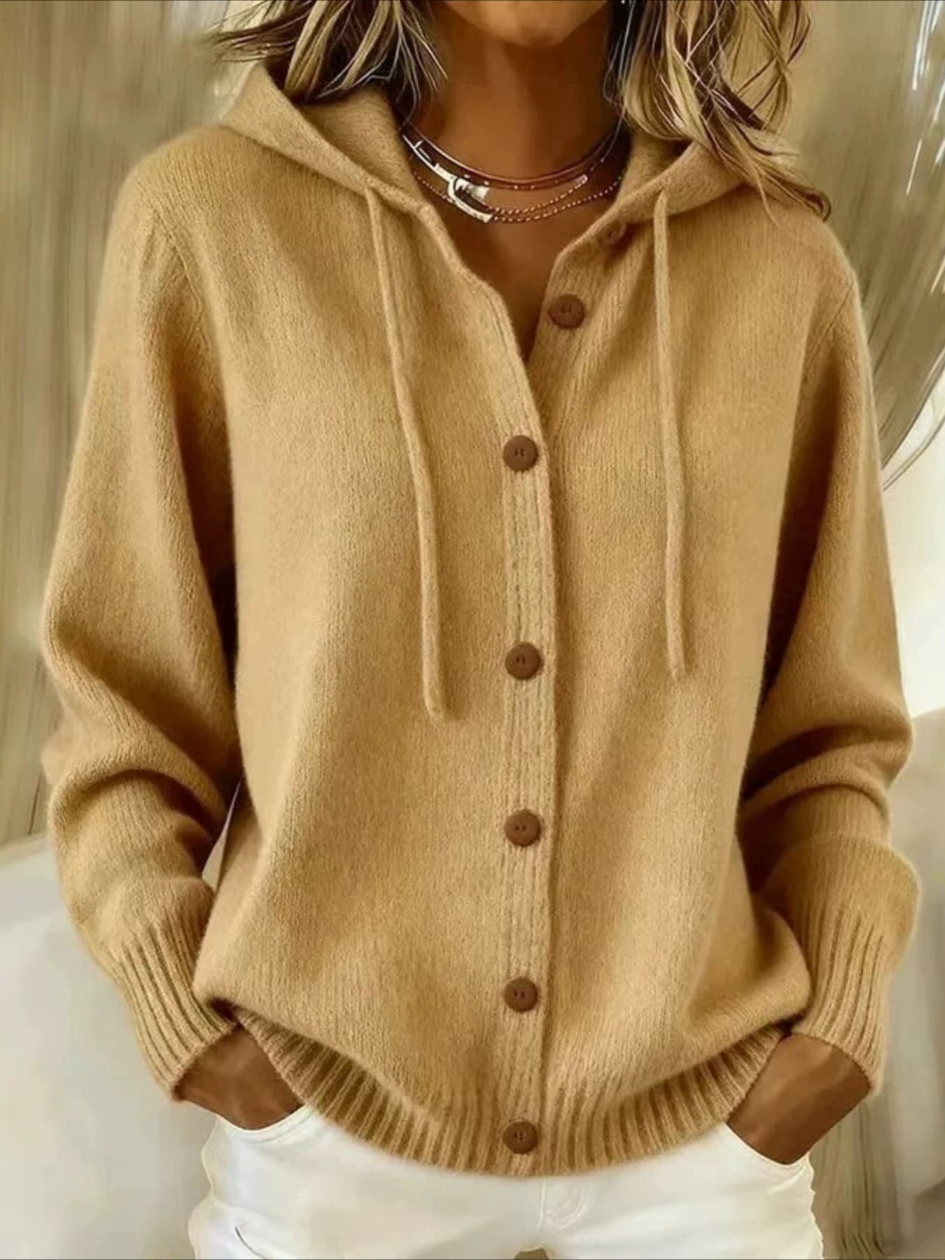 Solid Color Casual Hooded Cardigan Coat with Buttons
