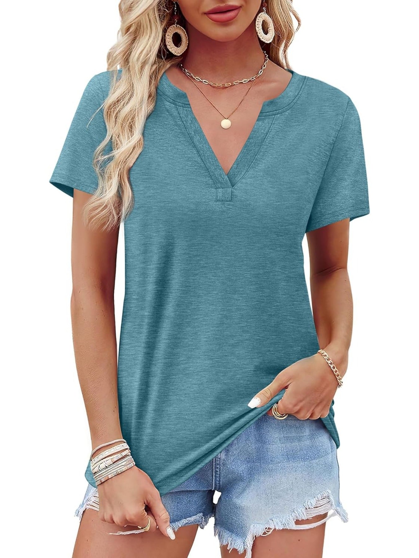 Solid Color Short Sleeve V Neck T Shirt