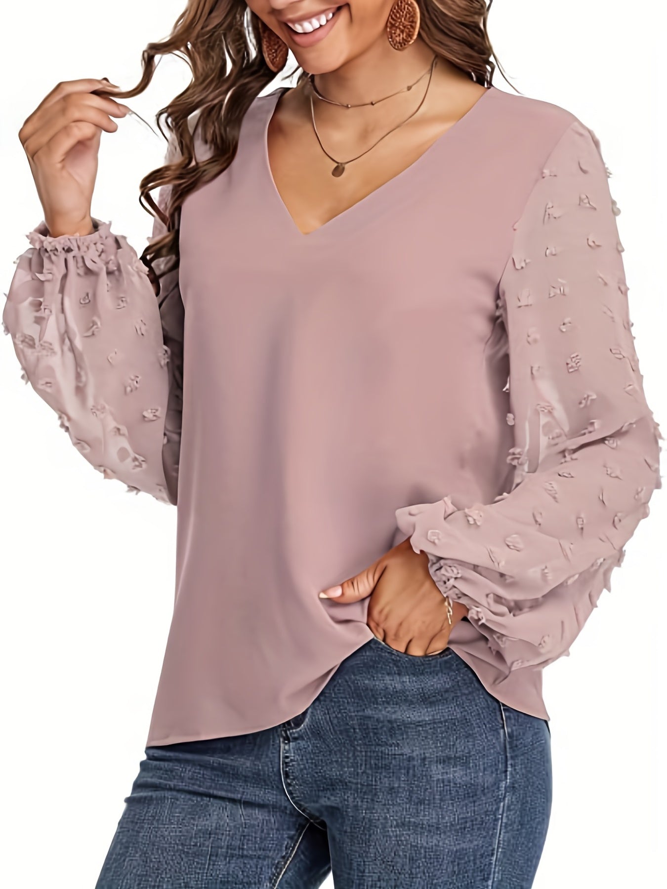 Swiss Dot Sleeve Shirt, Casual V Neck Solid Shirt