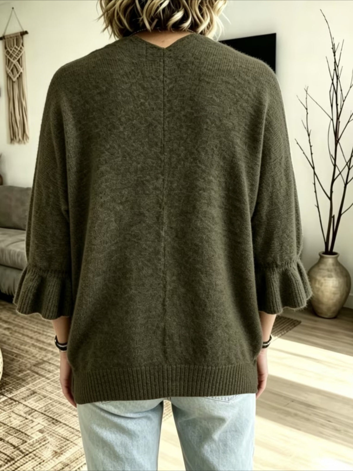Open Front Ruffle Sleeve Knit Cardigan