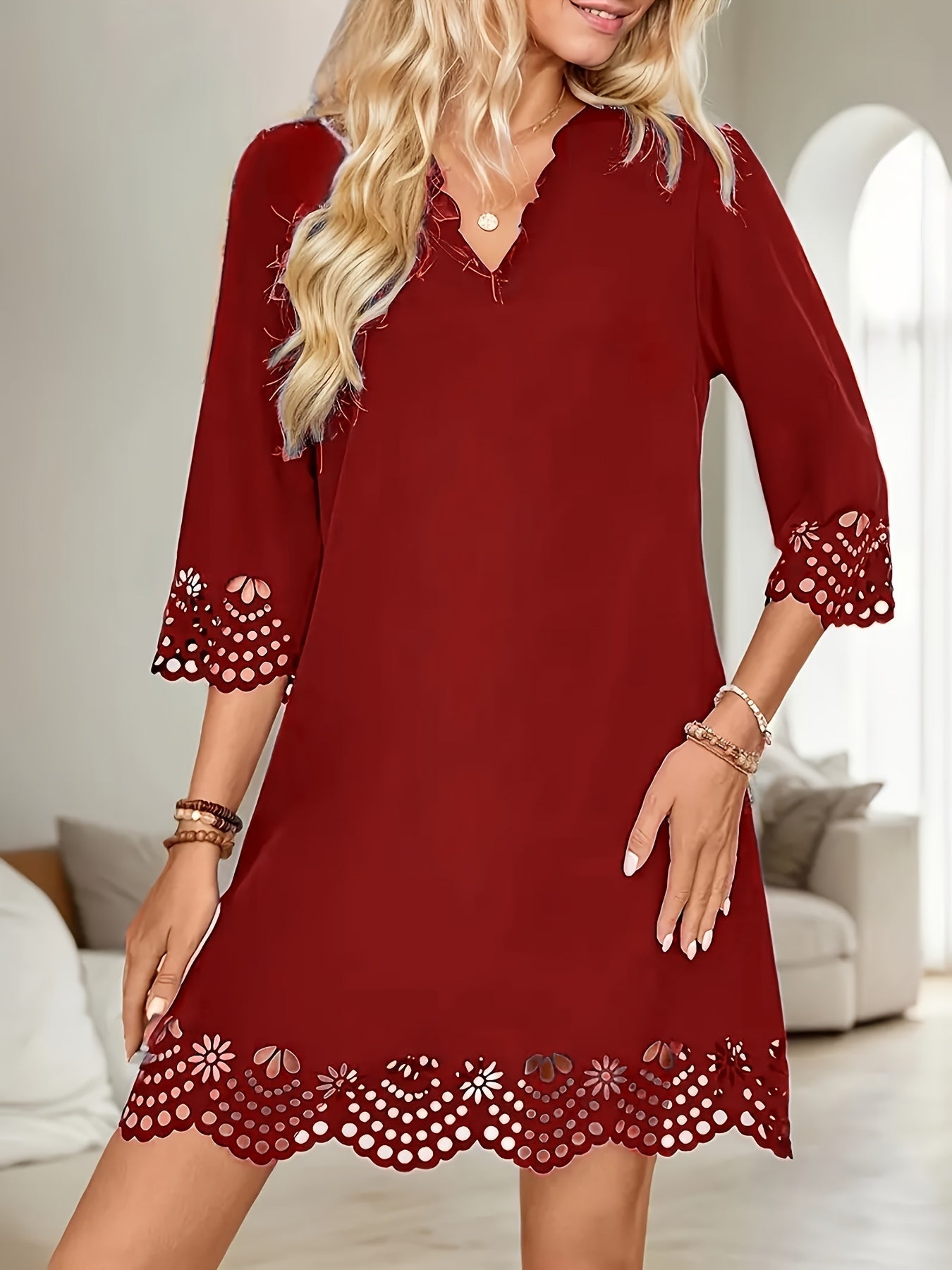 Elegant Slimming A-Line V-Neck Long Sleeve Dress