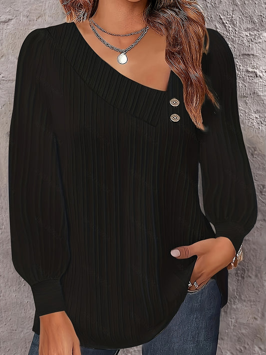 Casual Blouse, Women's Solid Textured Button Decor Long Sleeve Irregular Neck Shirt Top