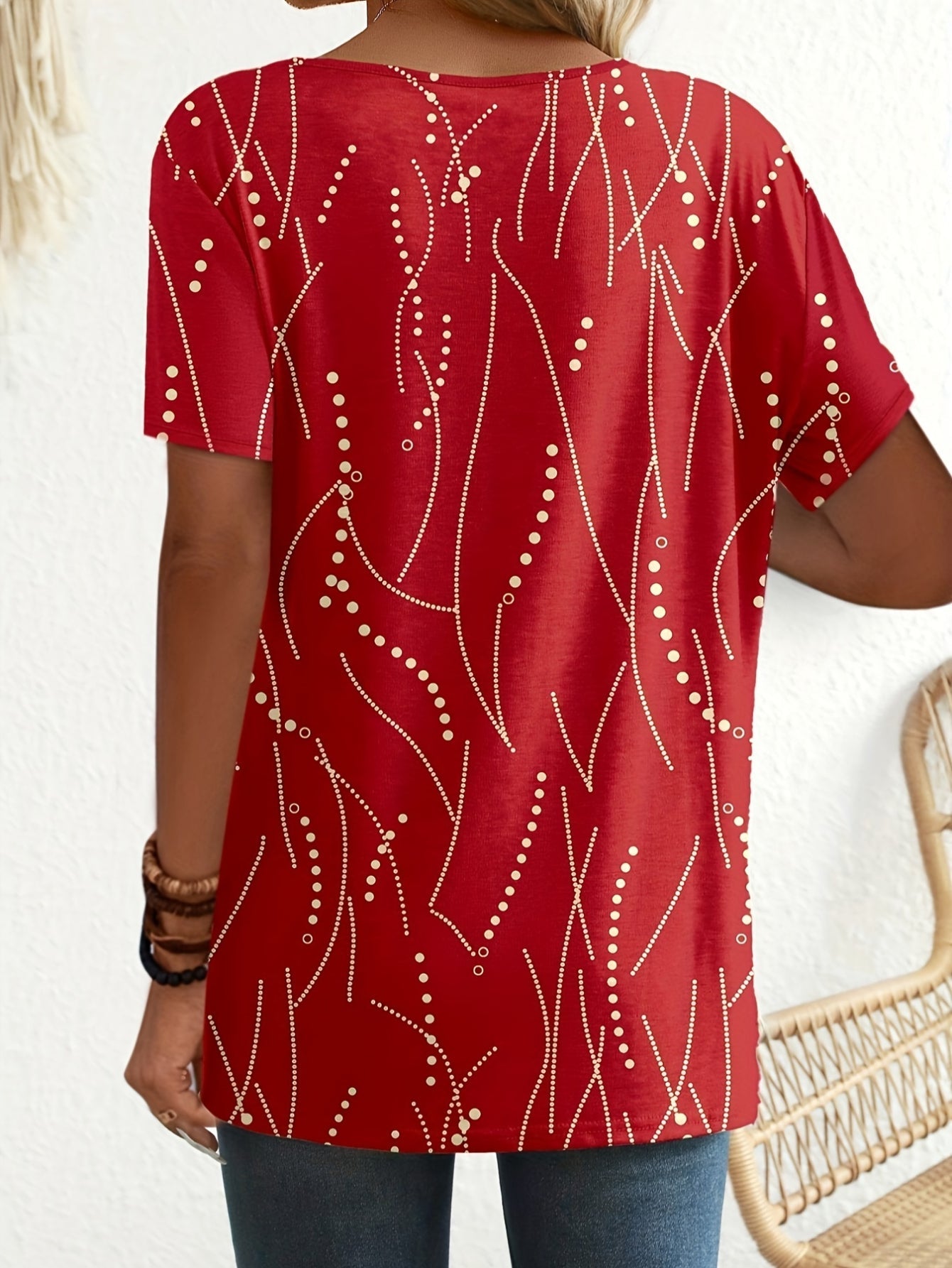Polka Dots Print Crew Neck T-Shirt, Casual Button Decor Short Sleeve T-Shirt