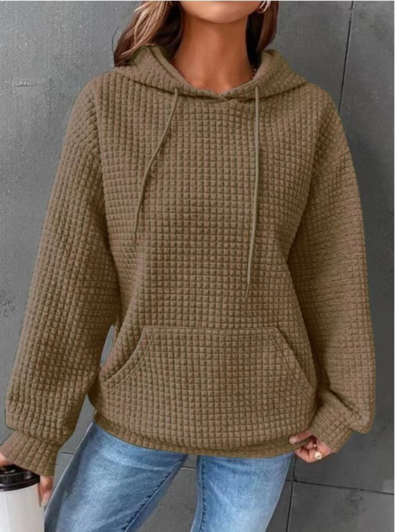 Waffle Grid Kangaroo Pocket Hoodie, Casual Long Sleeve Drawstring Hoodies Sweatshirt