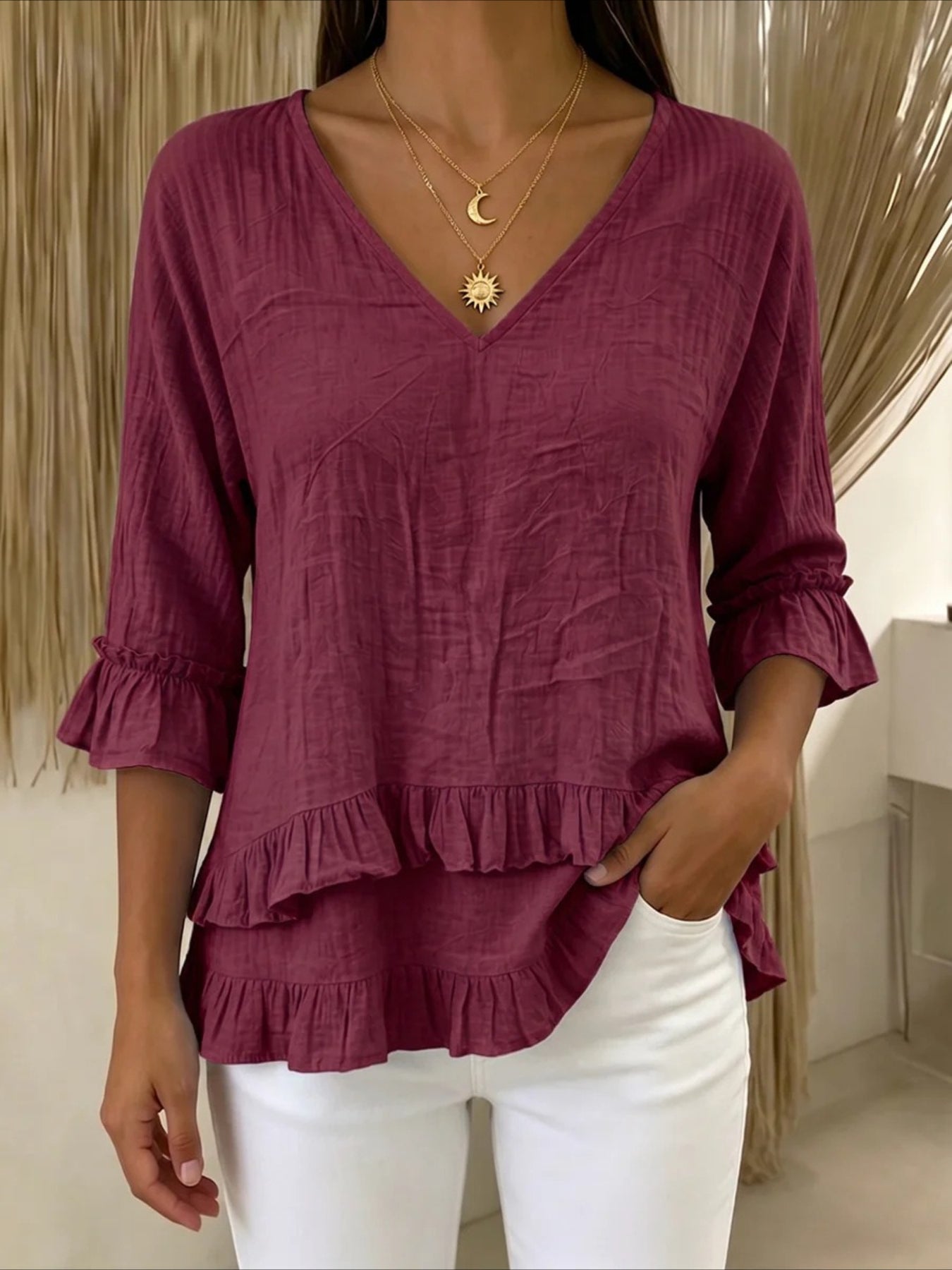 V-neck Ruffled Short Sleeves Blouse