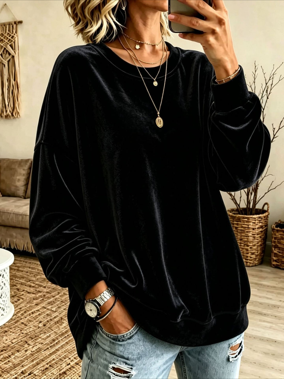 Crew Neck Drop Shoulder Velvet Sweatshirt