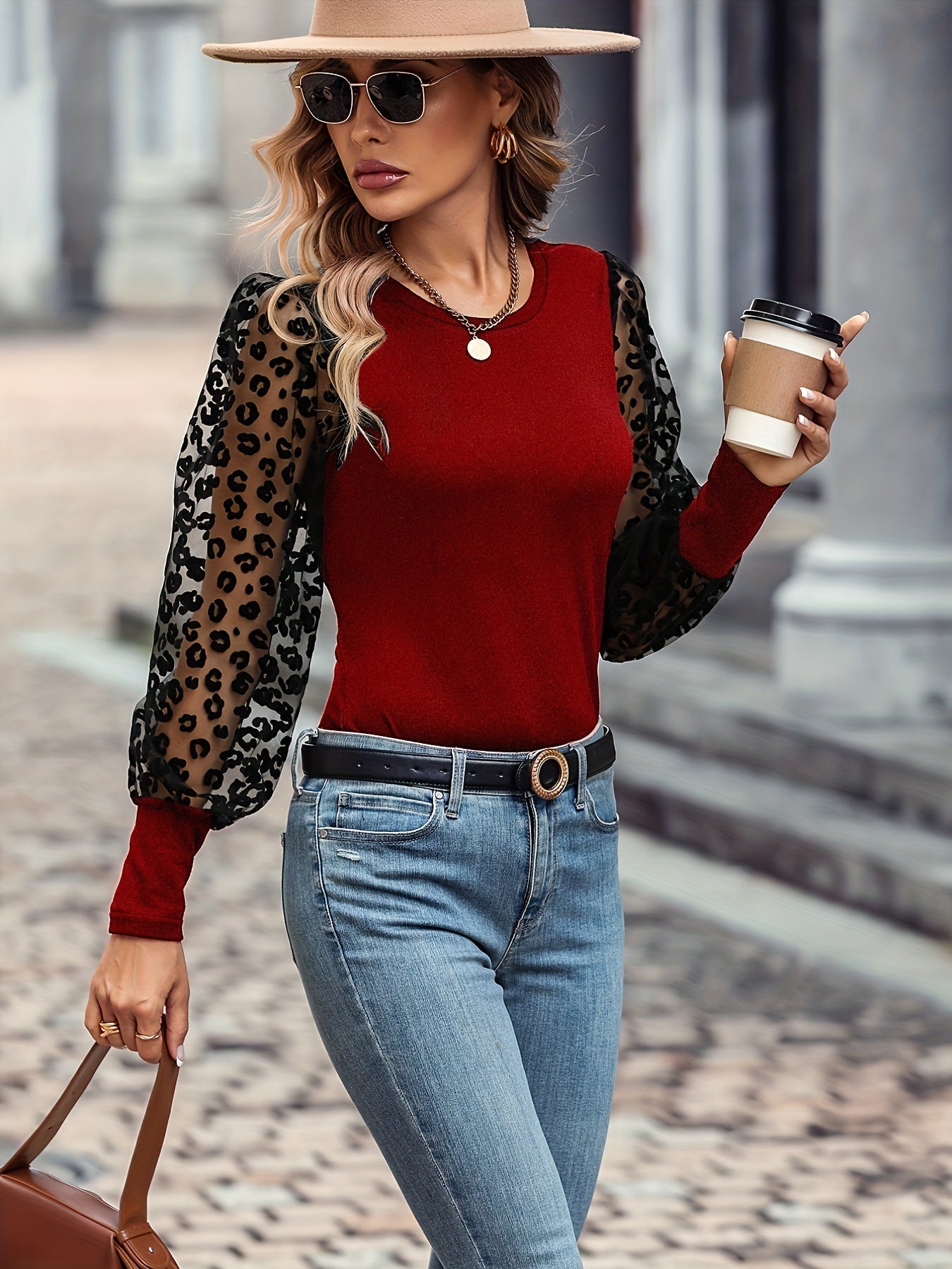 Solid Color Lace Patchwork Ballon Sleeve Ribbed Knit Tops, Elegant Everyday Blouse