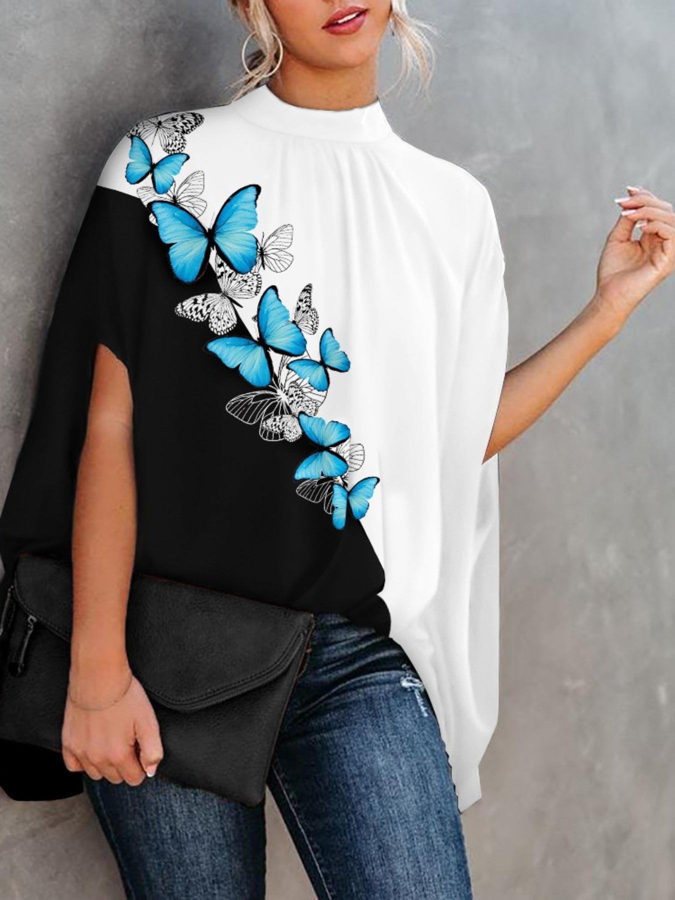 Asymmetrical High Neck Batwing Sleeve Shirt, Letter Print Elegant Summer Stretchy Shirt