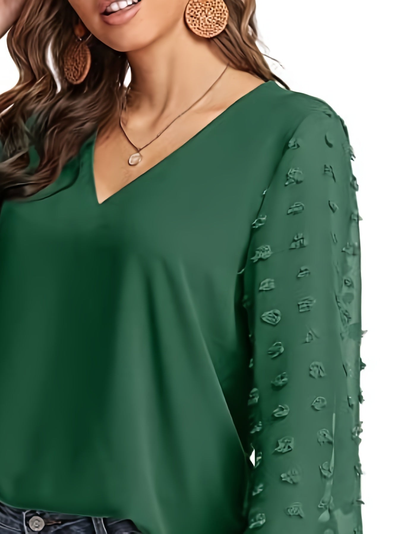 Swiss Dot Sleeve Shirt, Casual V Neck Solid Shirt
