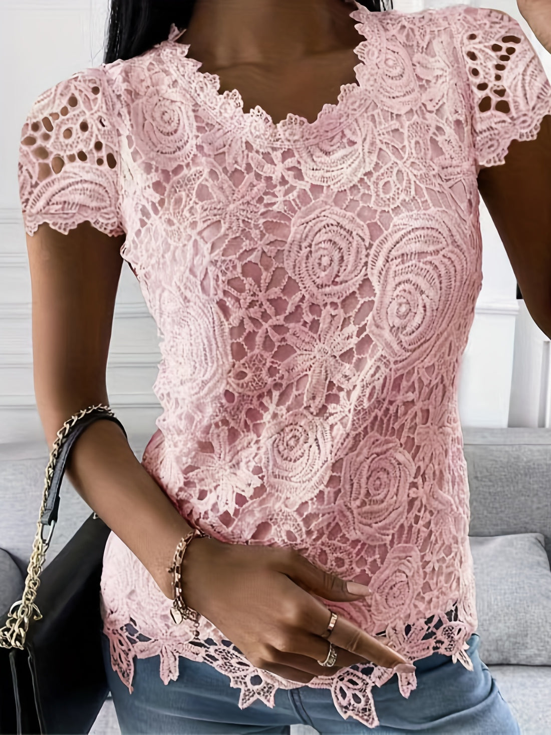 Women's Elegant Lace Crew Neck Short Sleeve T-Shirt - Stylish and Comfortable Top for Any Occasion
