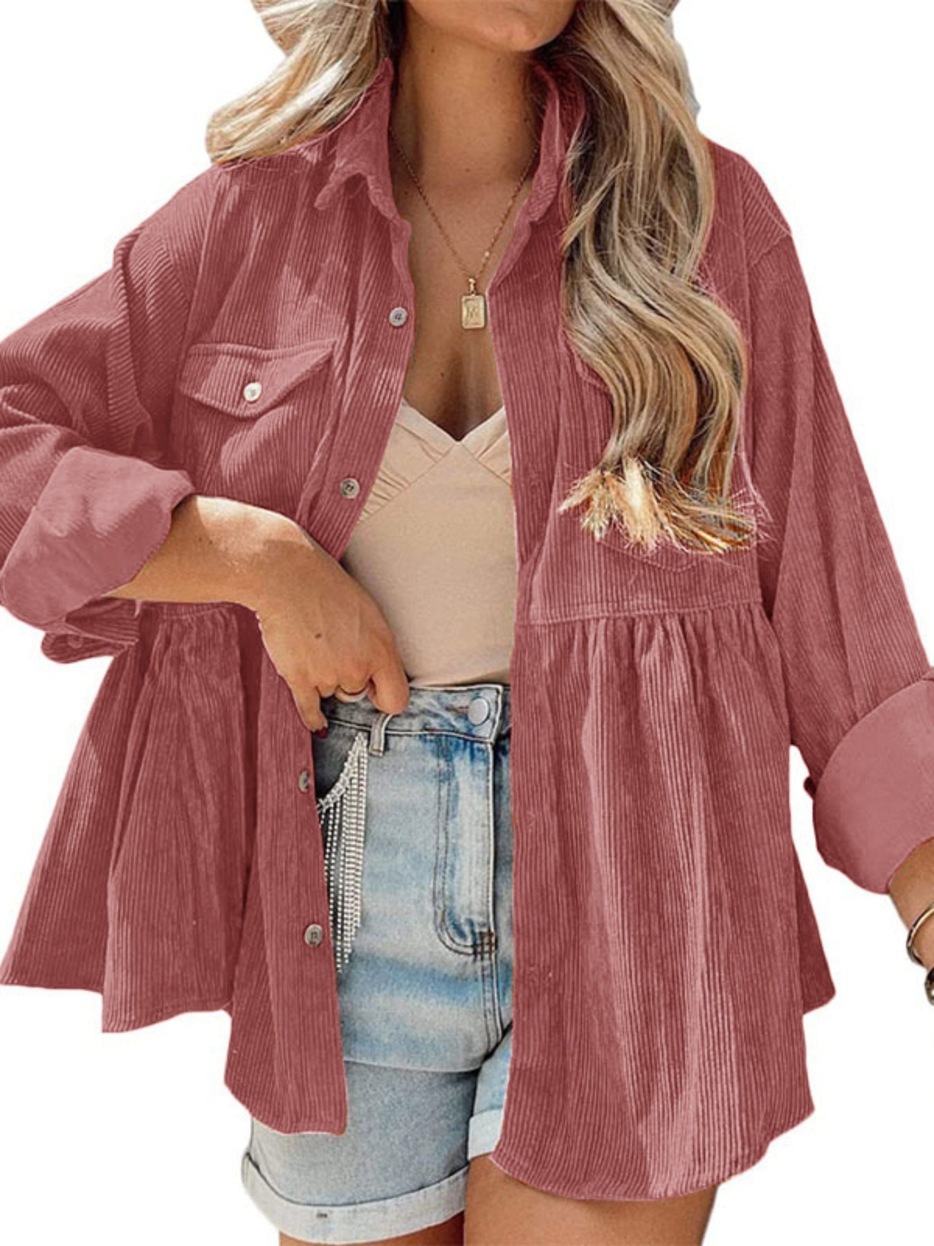 Corduroy Lapel Pocket Jacket, Casual Long Sleeve Button Down Fashion Single Breasted Loose Outerwear