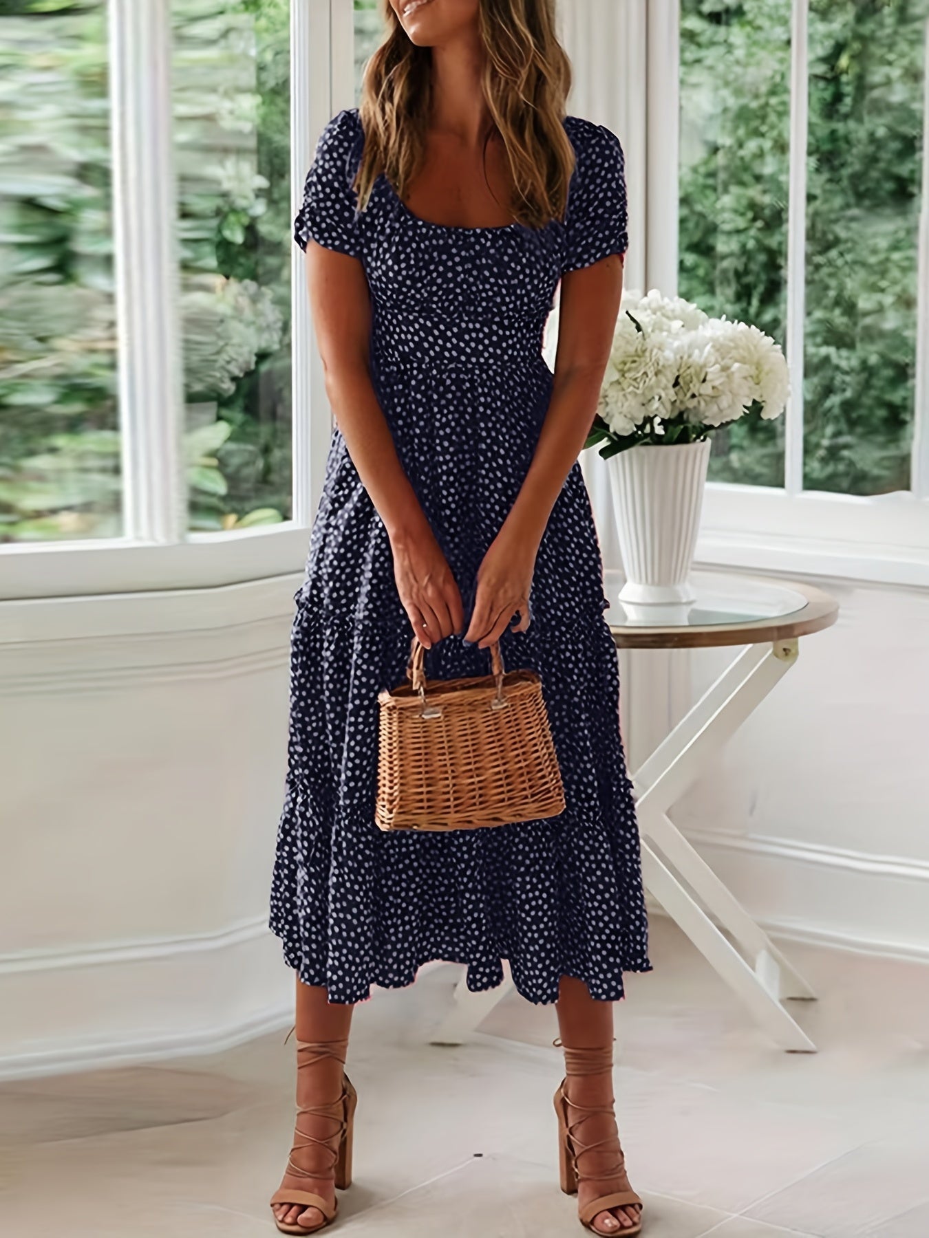 Polka Dot Ruffle Hem Dress, Casual Square Neck Short Sleeve Dress