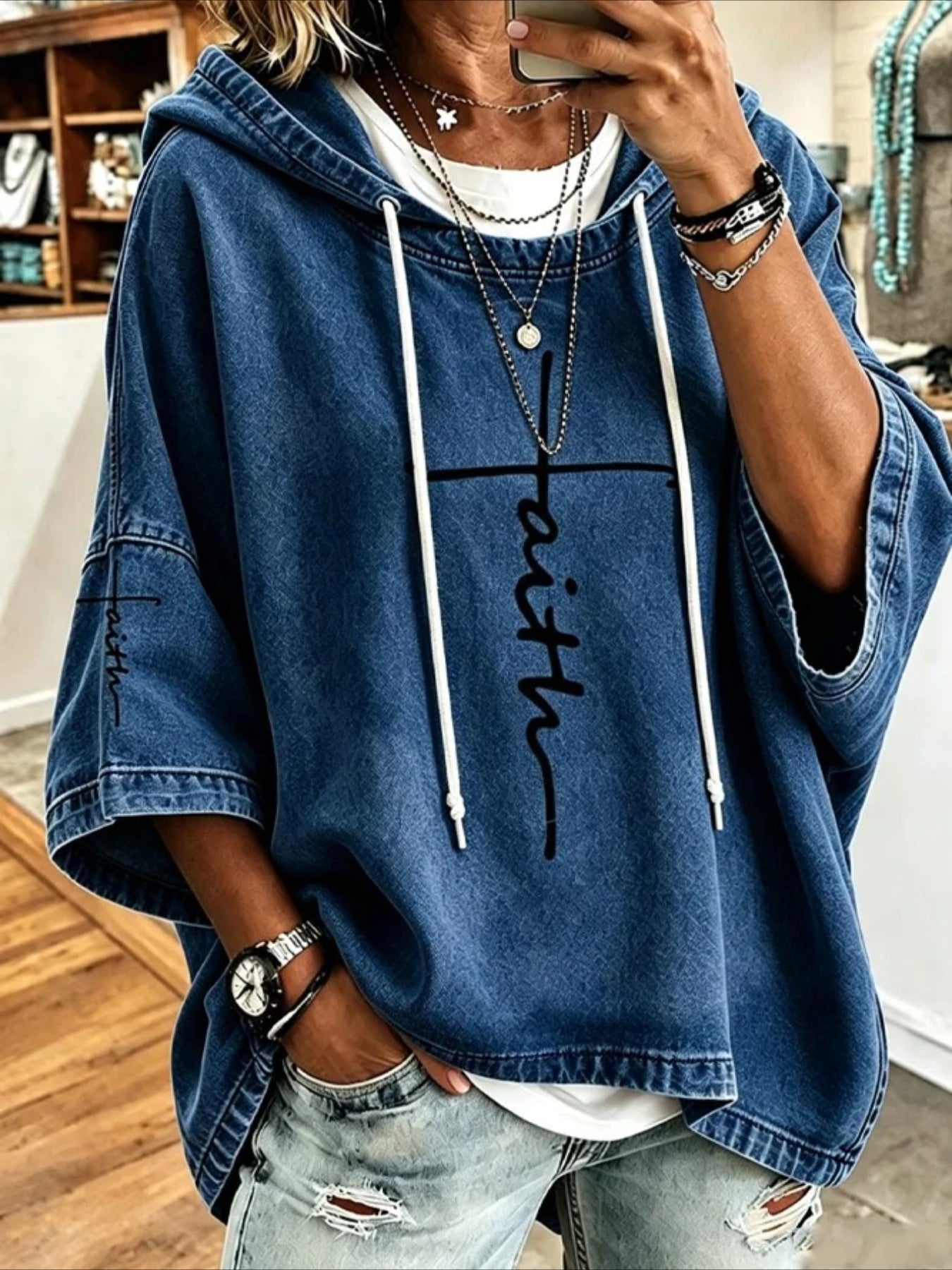 Casual Faith Cross Print Denim-Look Hoodie