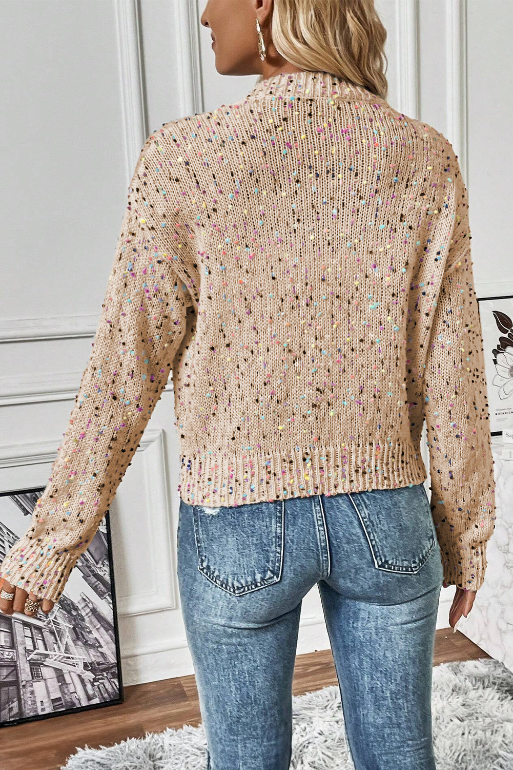 Apricot Rhinestone Decor Multicolor Confetti Sweater Cardigan