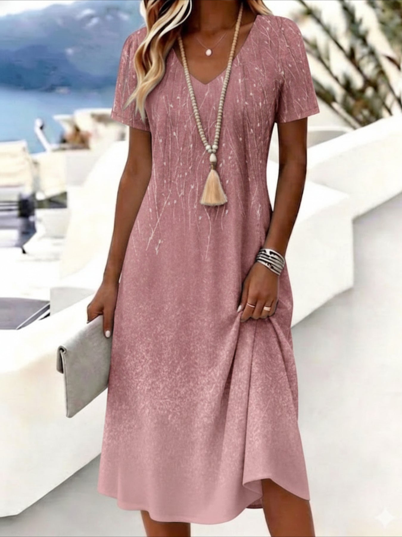 Print Short Sleeve V-Neck Casual Midi Dress