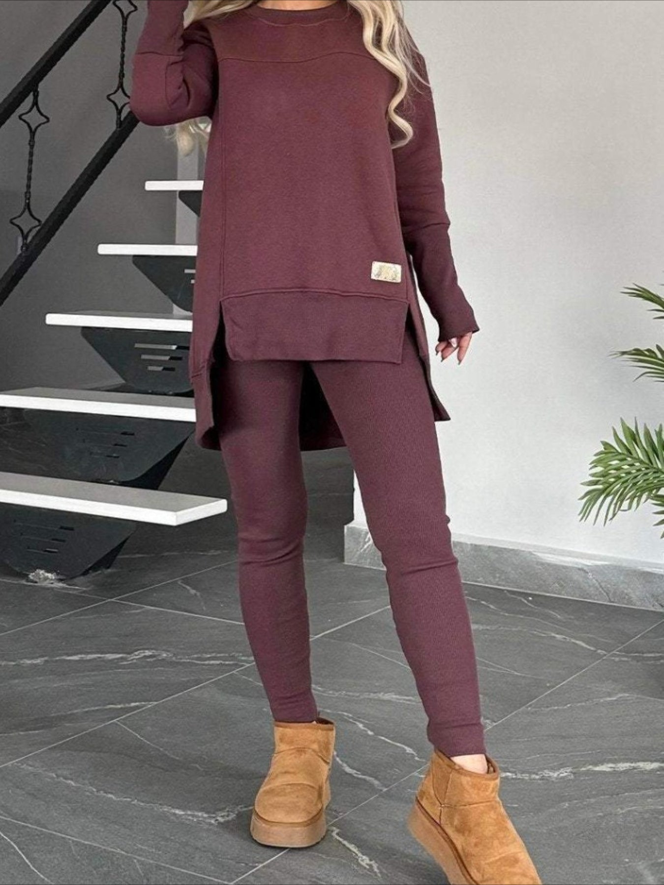 Slit Round Neck Top and Pants Set