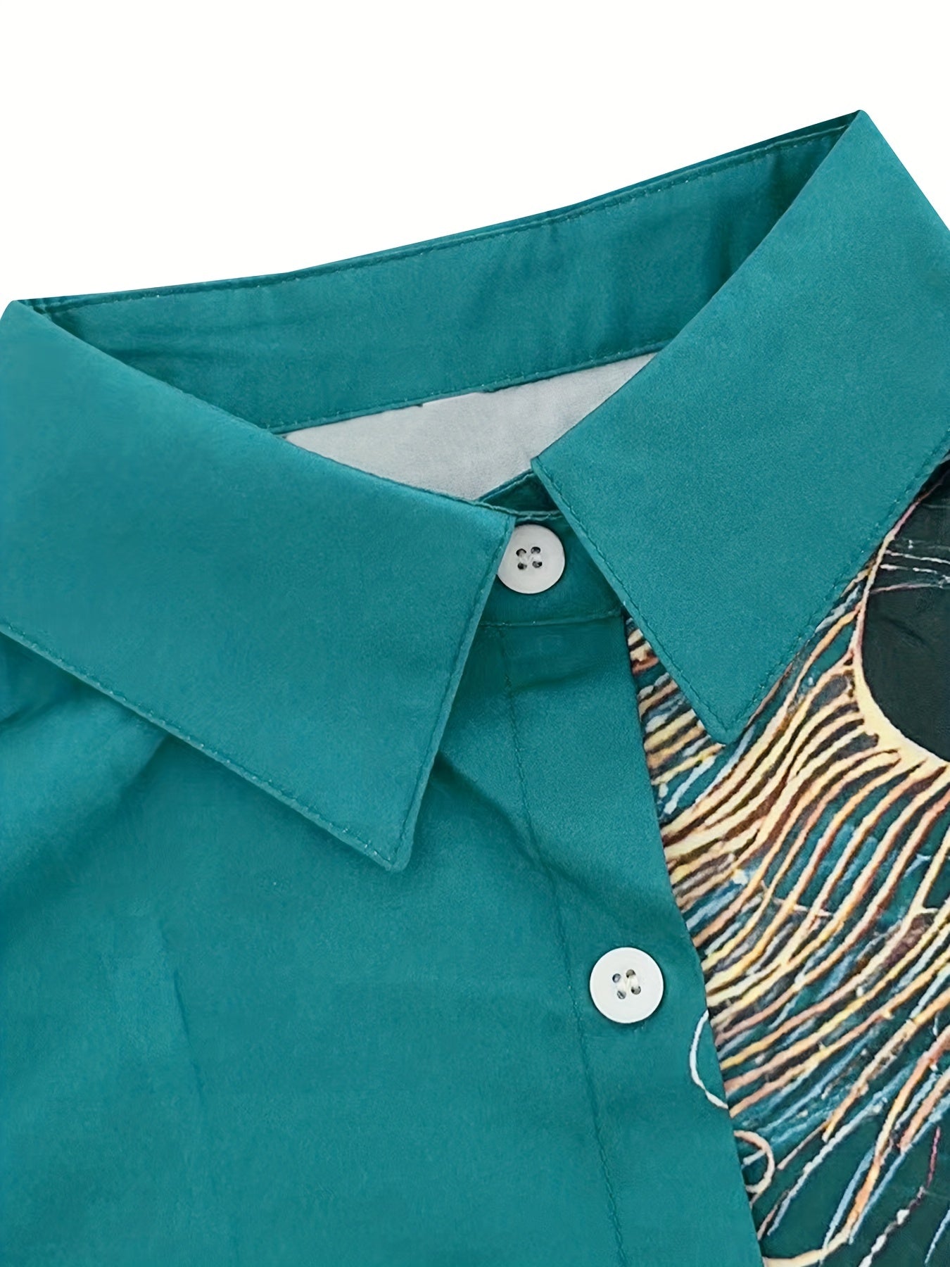 Peacock Feather Print Shirt, Long Sleeve Button Up Casual Top