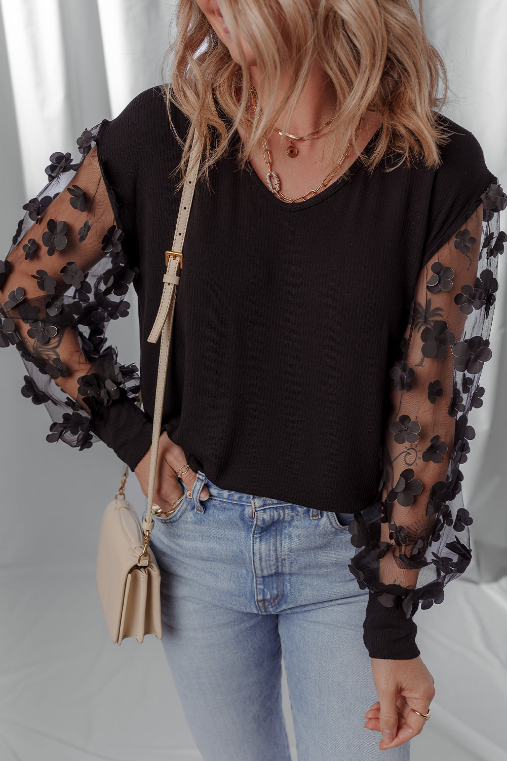 Black Flower Applique Mesh Long Sleeve V Neck Blouse