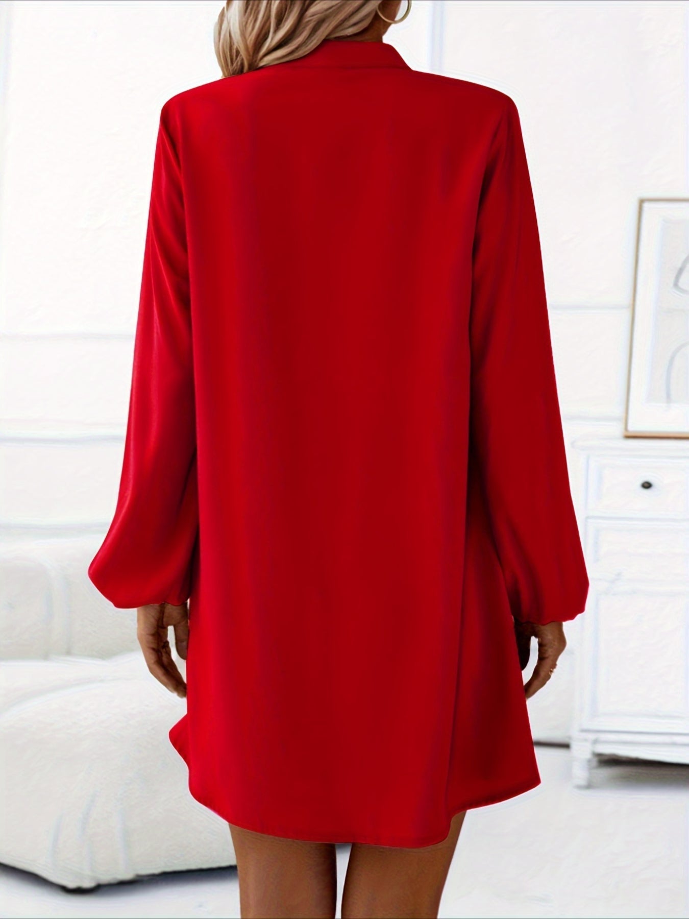 Solid Color V Neck Dress, Casual Long Sleeve Loose Fit Dress