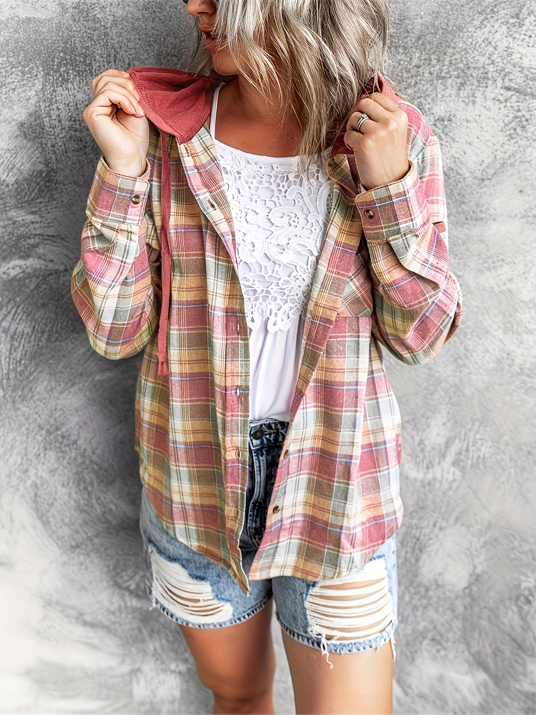Plaid Print Hooded Shirt, Casual Long Sleeve Drawstring Shirt