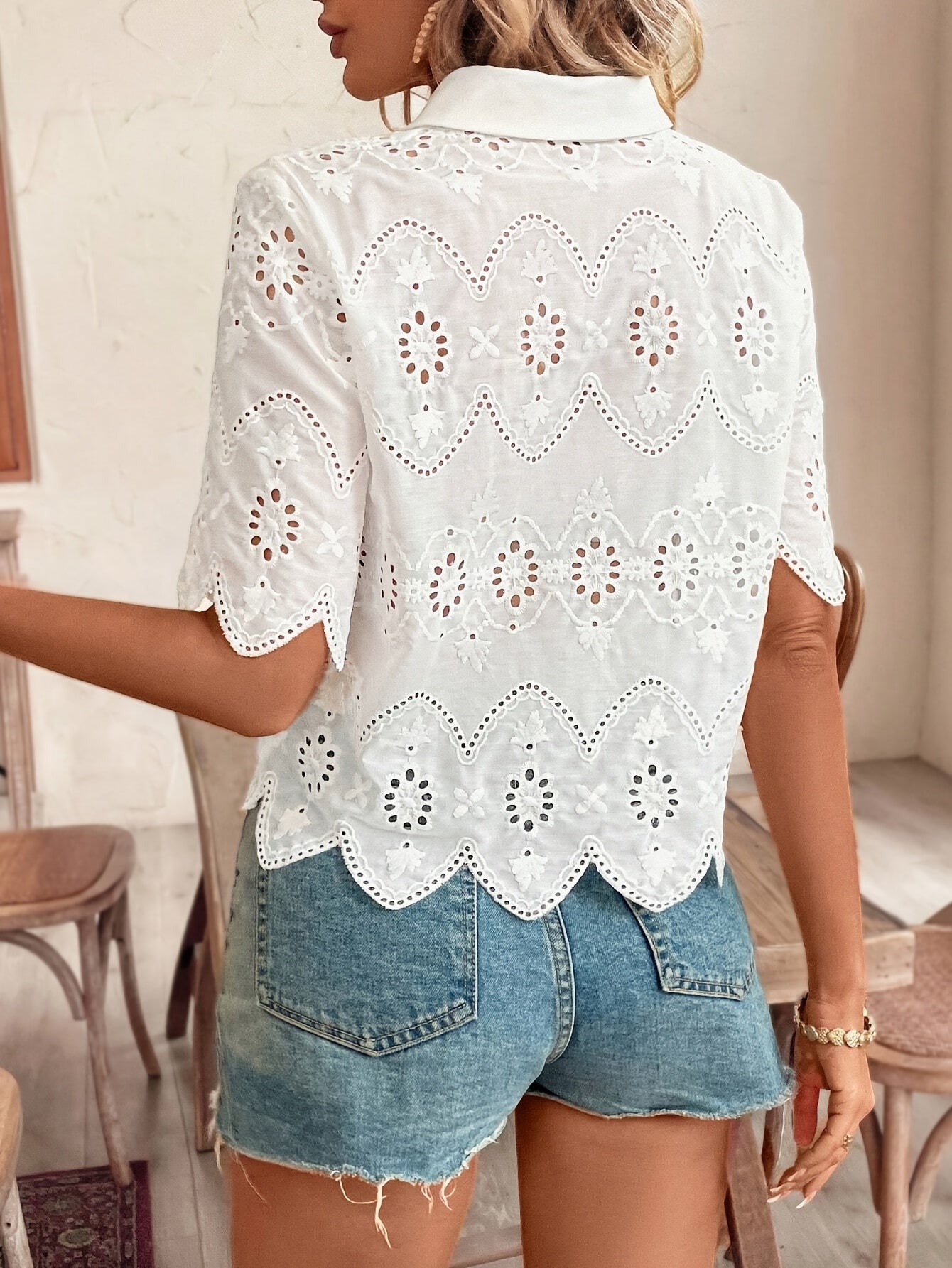 Elegant Lapel Collar Solid Color Short Sleeve Shirt with Hollow Out Design