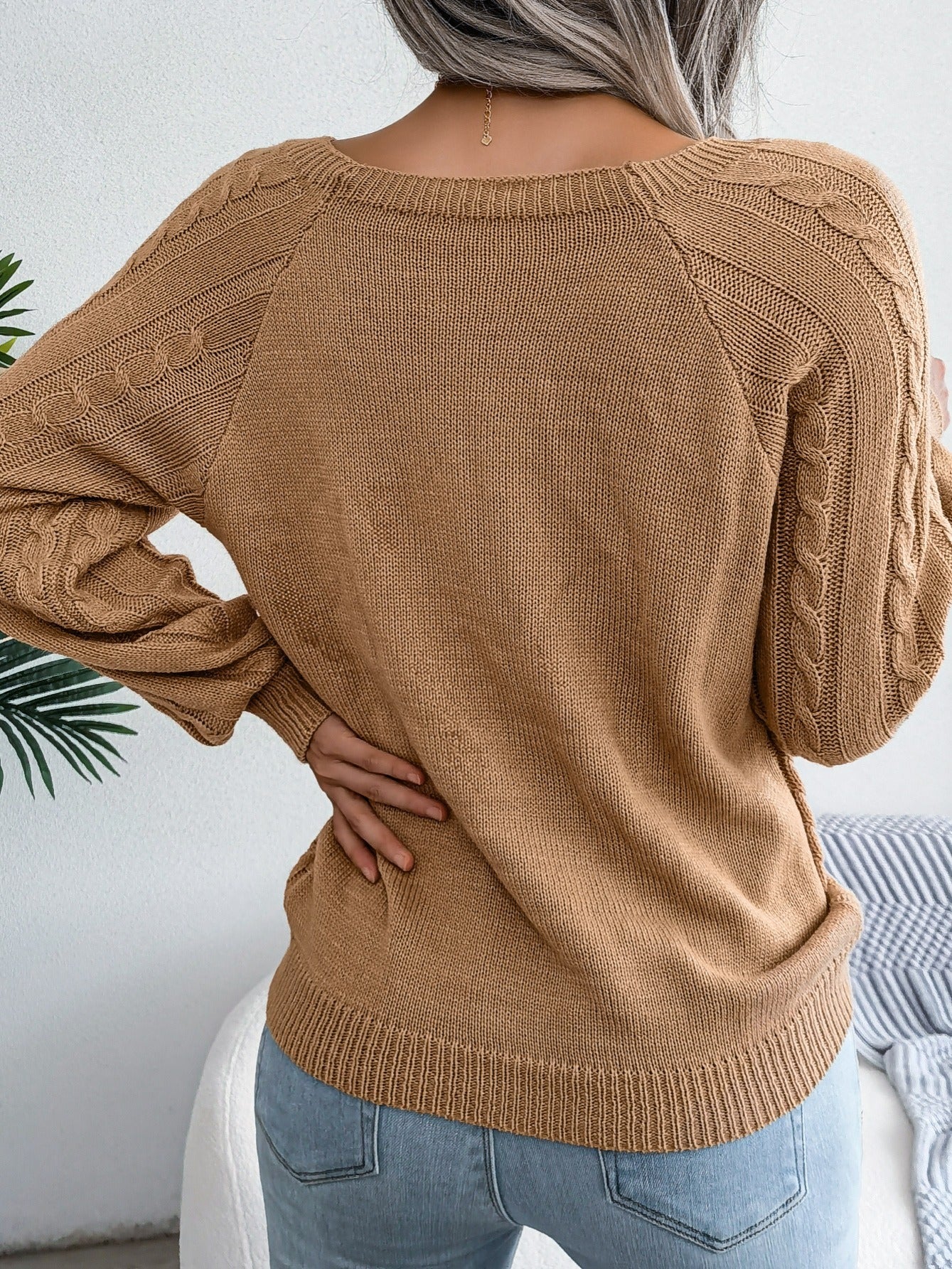 Cozy Women's Sweater with Textured Button Lantern Sleeves