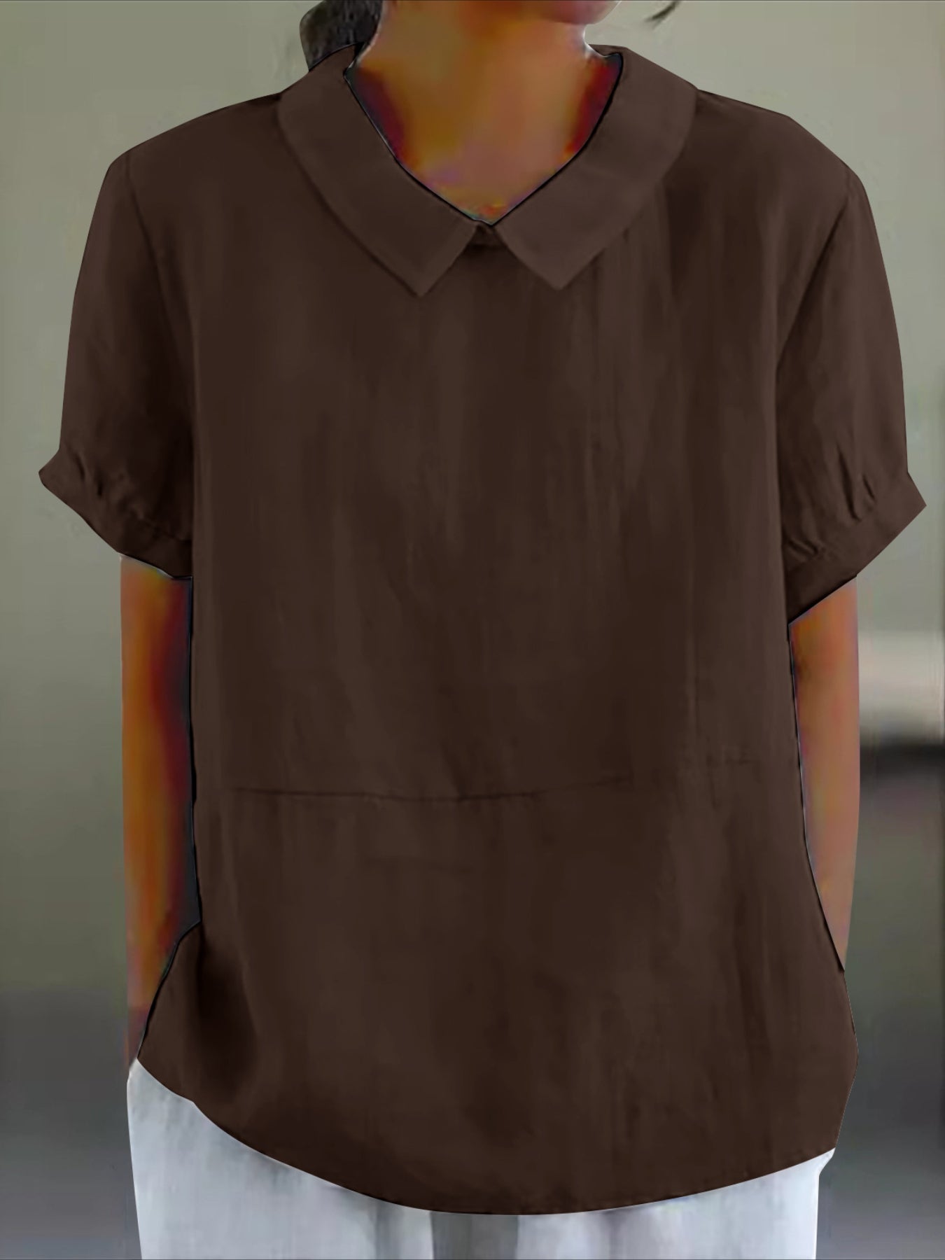 Solid Color Loose Lapel Short Sleeve Cotton Top