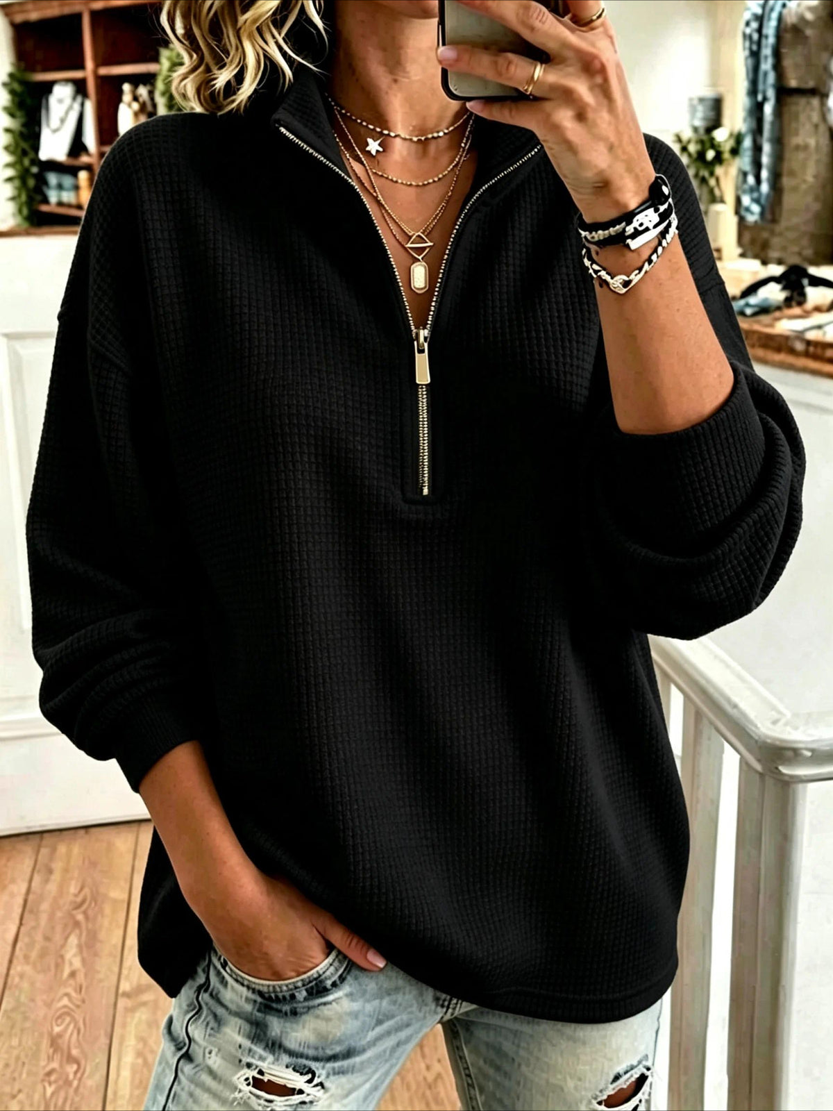 Solid Color Casual Plain Mock Neck Sweatshirt