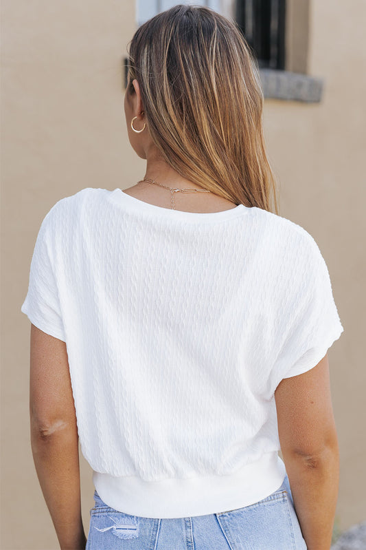White Textured Knit Short Sleeve Top