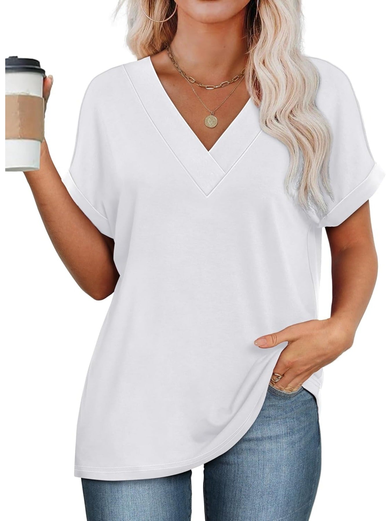 Solid Color V Neck Short Dolman Sleeve Shirts