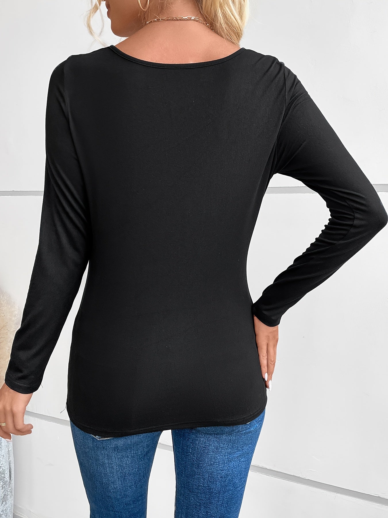 Rhinestone Print Faux Twinset Ruched T-Shirt, Casual Long Sleeve Top