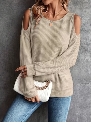 Waffle Cold Shoulder Crew Neck T-Shirt, Casual Long Sleeve Top