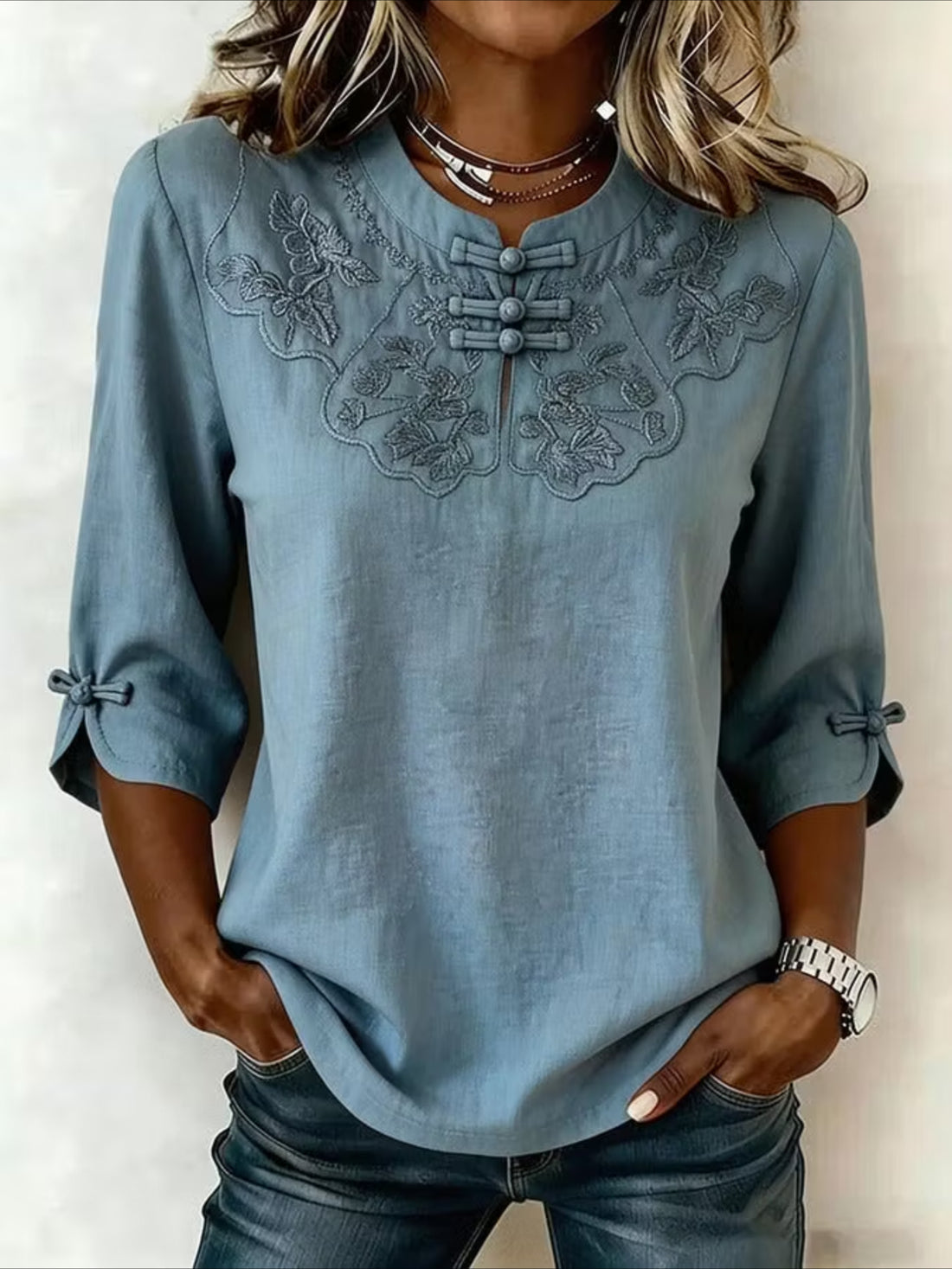 Printed Half Sleeve Floral Buckle Mandarin Collar Blouse
