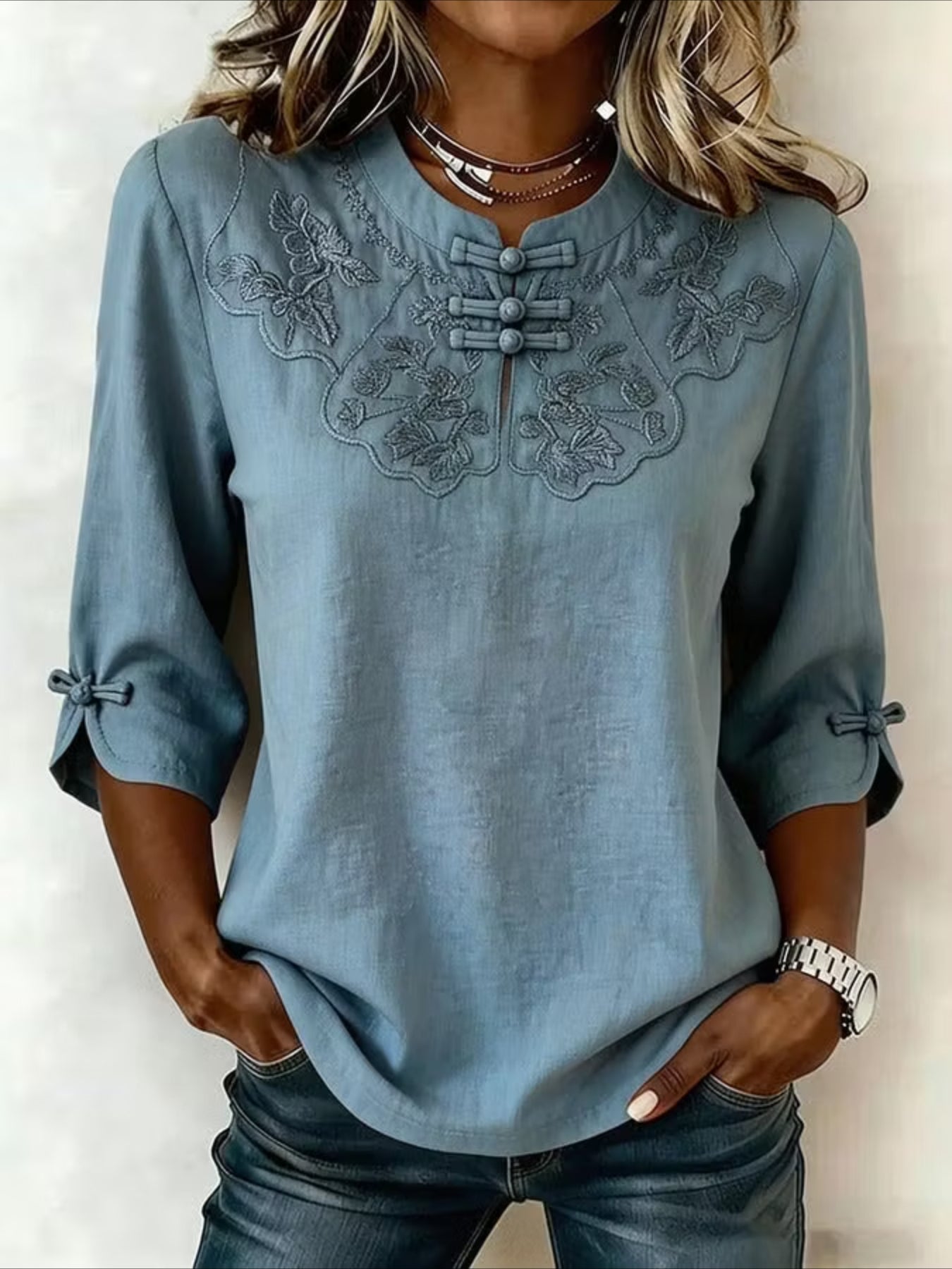 Printed Half Sleeve Floral Buckle Mandarin Collar Blouse