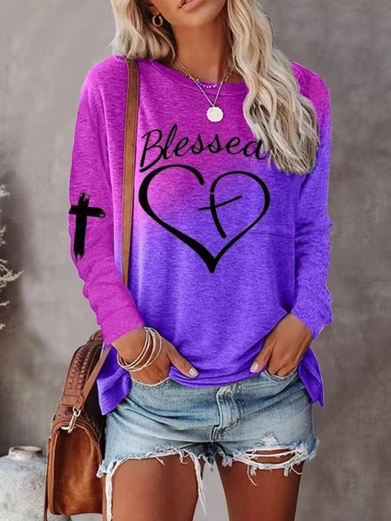 Casual Top, Women's Ombre & Heart & Letter Print Long Sleeve Round Neck Slight Stretch T-shirt