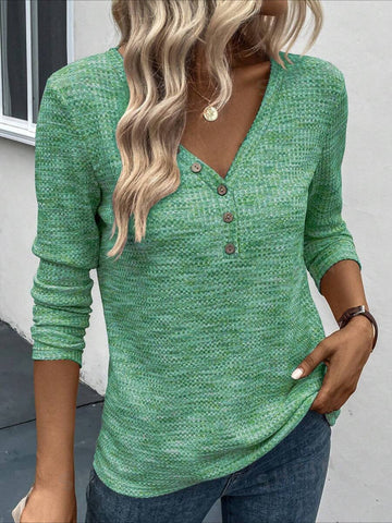 Elegant Button Detail V-Neck Long Sleeve T-Shirt