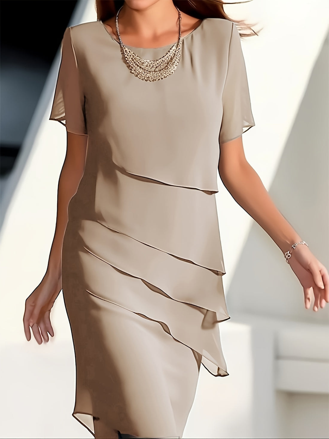 Layered Trim Crew Neck Dress, Elegant Short Sleeve Dress