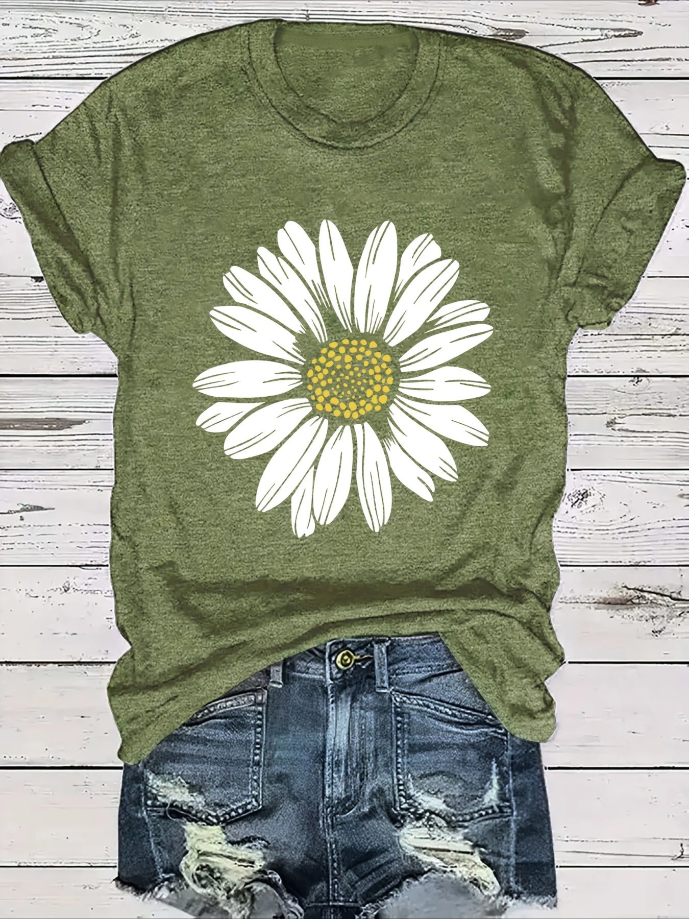 Daisy Flower Print Crew Neck Short Sleeve T-Shirt