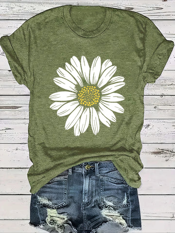 Daisy Flower Print Crew Neck Short Sleeve T-Shirt