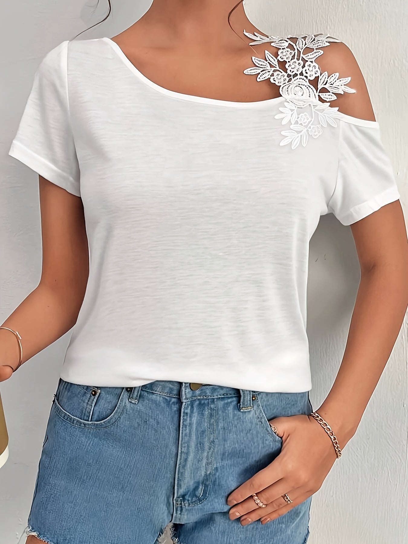 Women's Guipure Lace Asymmetrical Neck Short Sleeve T-Shirt