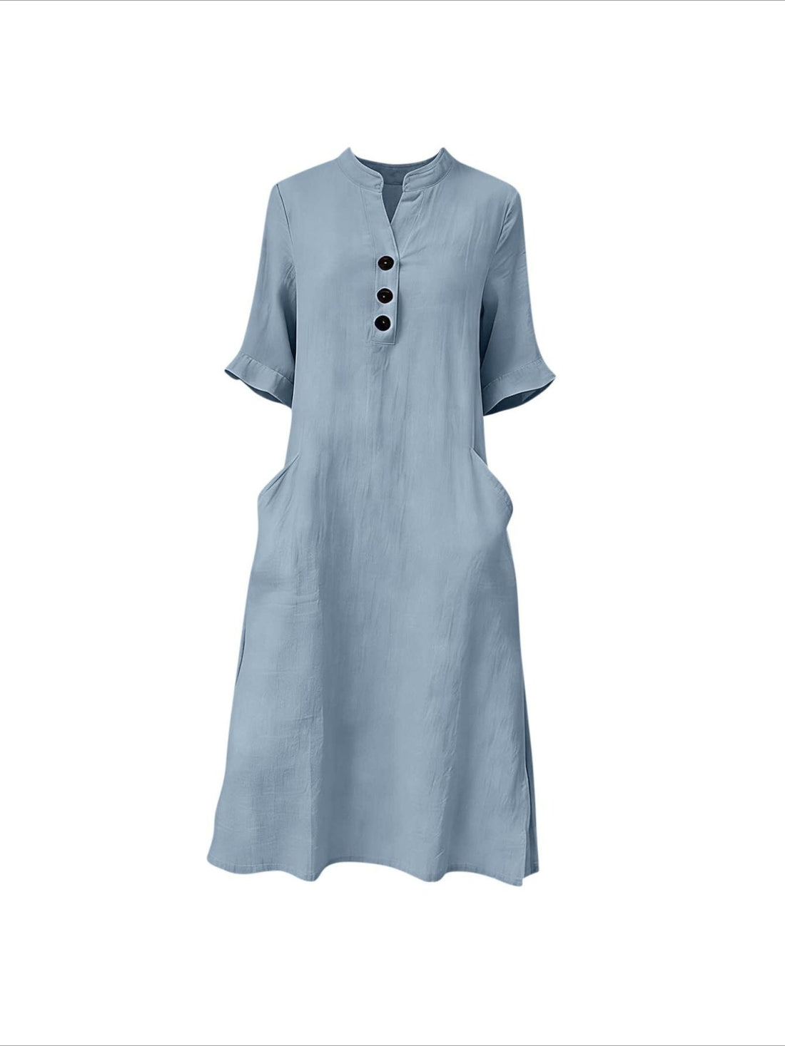 Solid Color Textured Half Sleeve V Neck Elegant Button Sundress Loose Fit High Waisted A Line Flowy Pockets Midi Dress