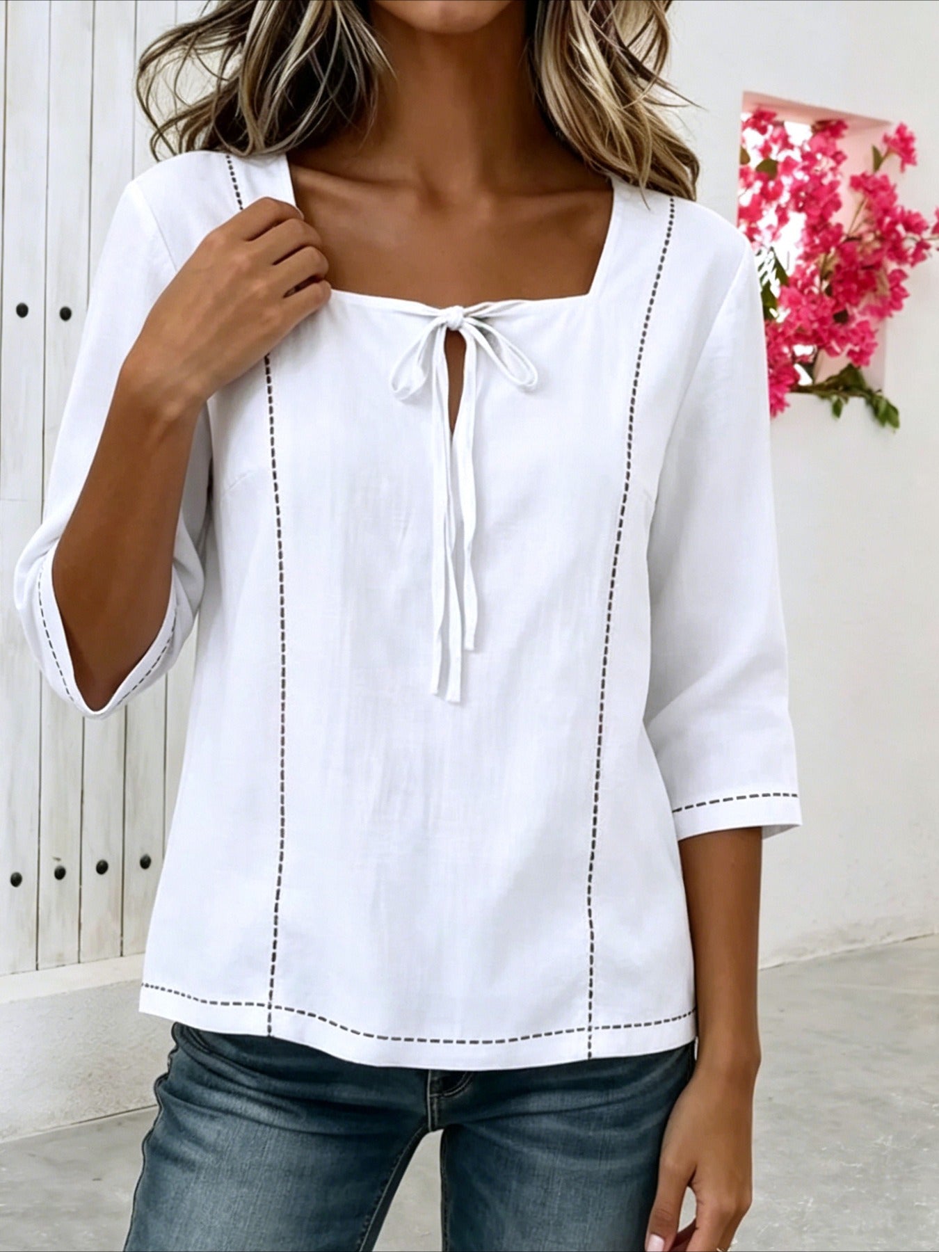 Loose Casual Popular Printed Lace-up Square Neck Mid-Sleeve Shirt