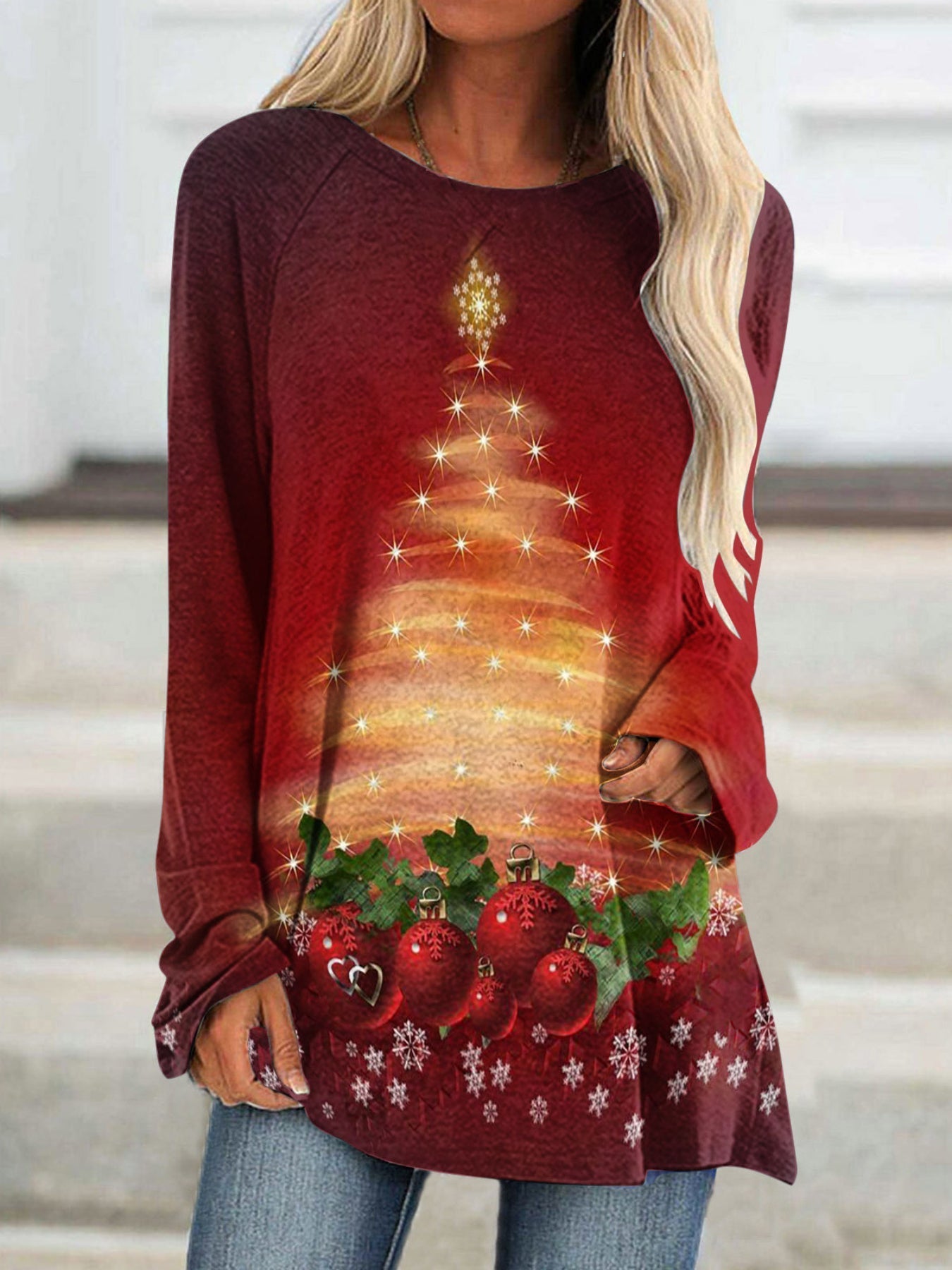 Christmas Casual Top, Women's Tree Print Long Sleeve Round Neck Medium Stretch Tunic Top