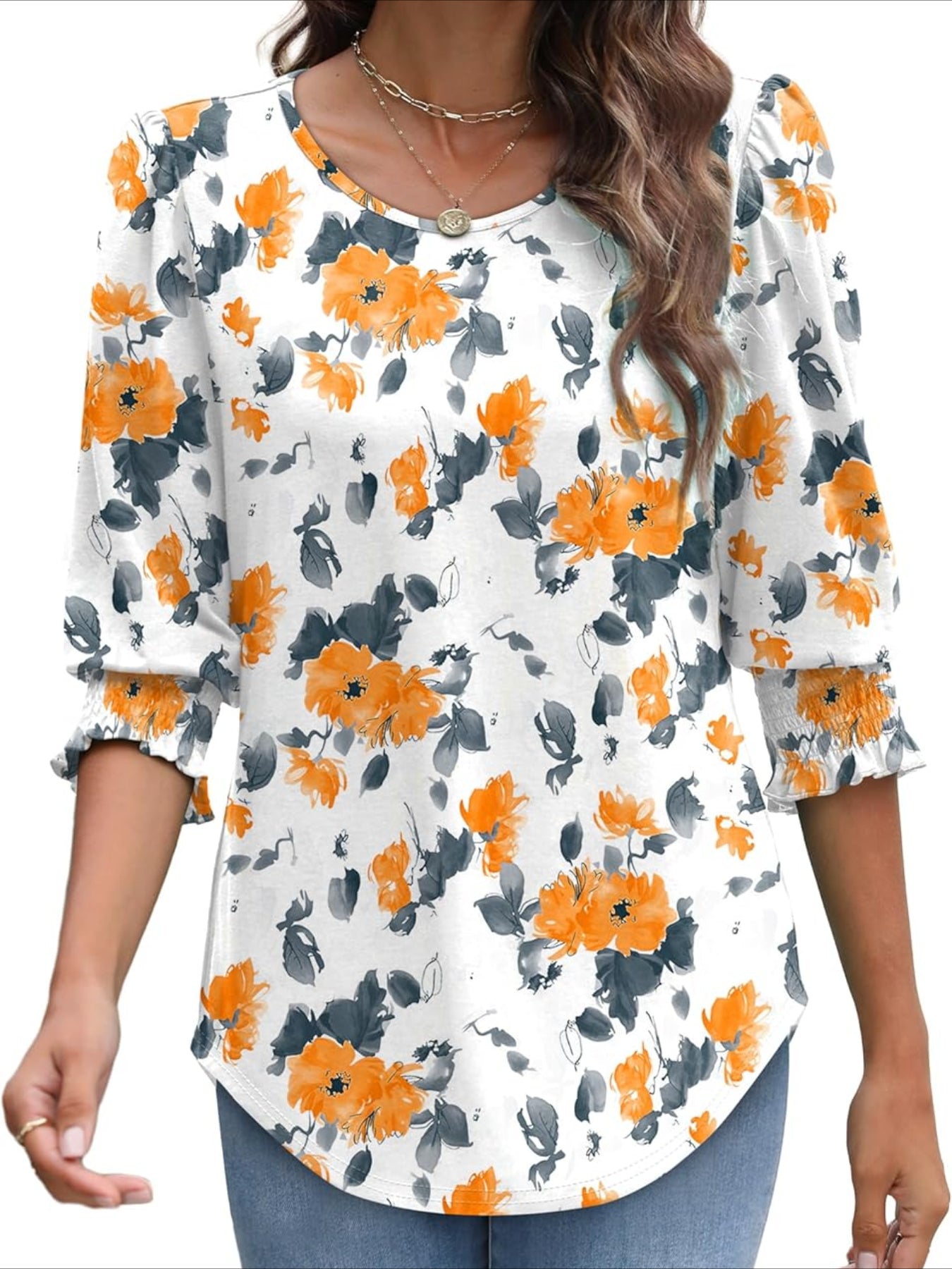Casual 3/4 Length Sleeve Blouses with Smocked Cuffs