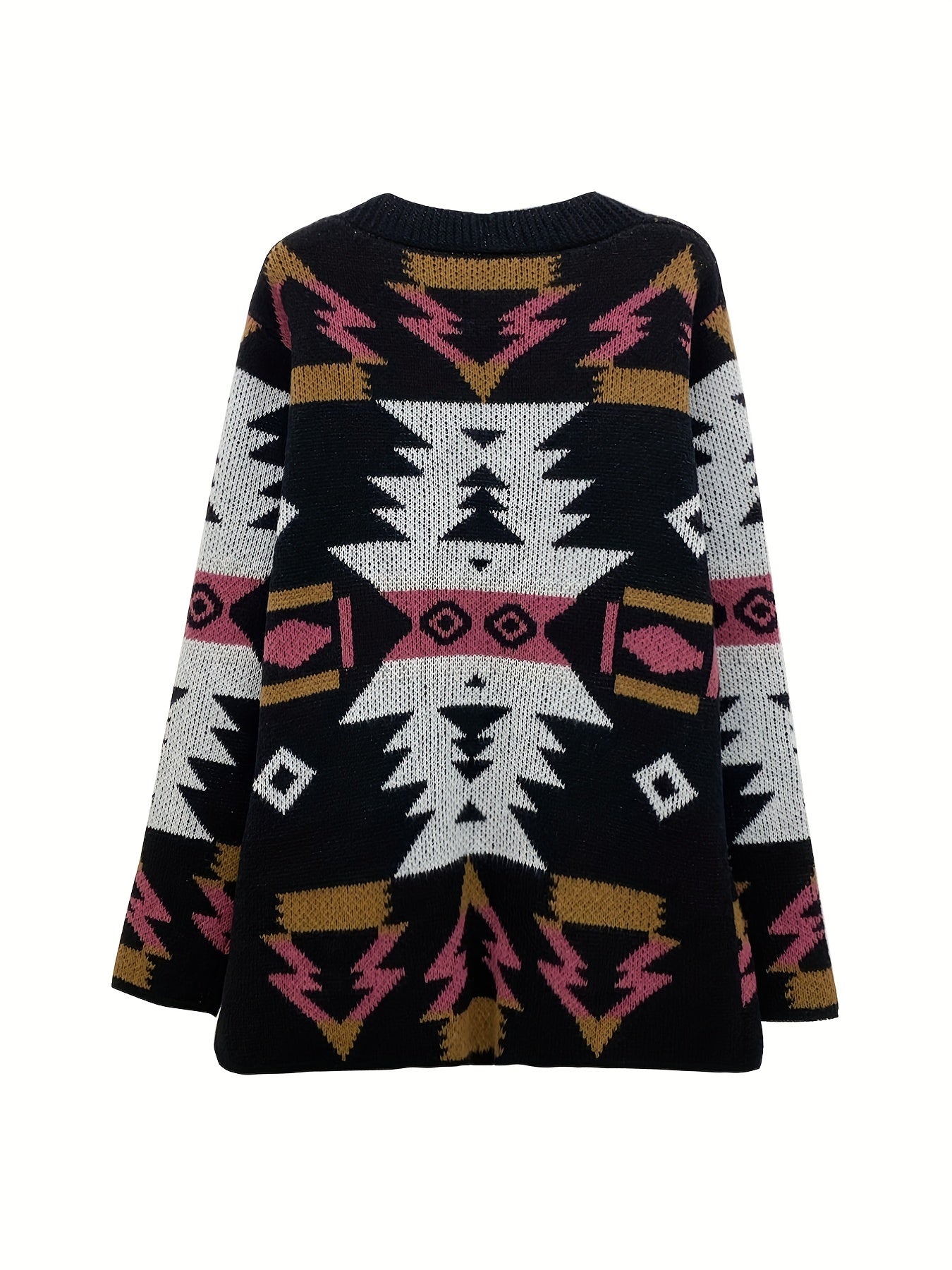 Stylish Women's Long Sleeve Ethnic Pattern Open Front Pocket Cardigan for Casual Wear