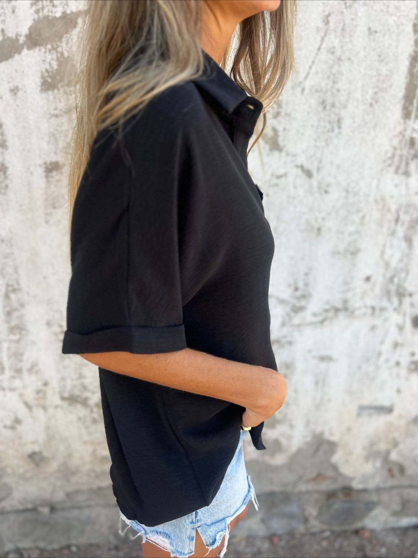 Casual Button Collared Short Sleeve Tunic Tops with Pocket