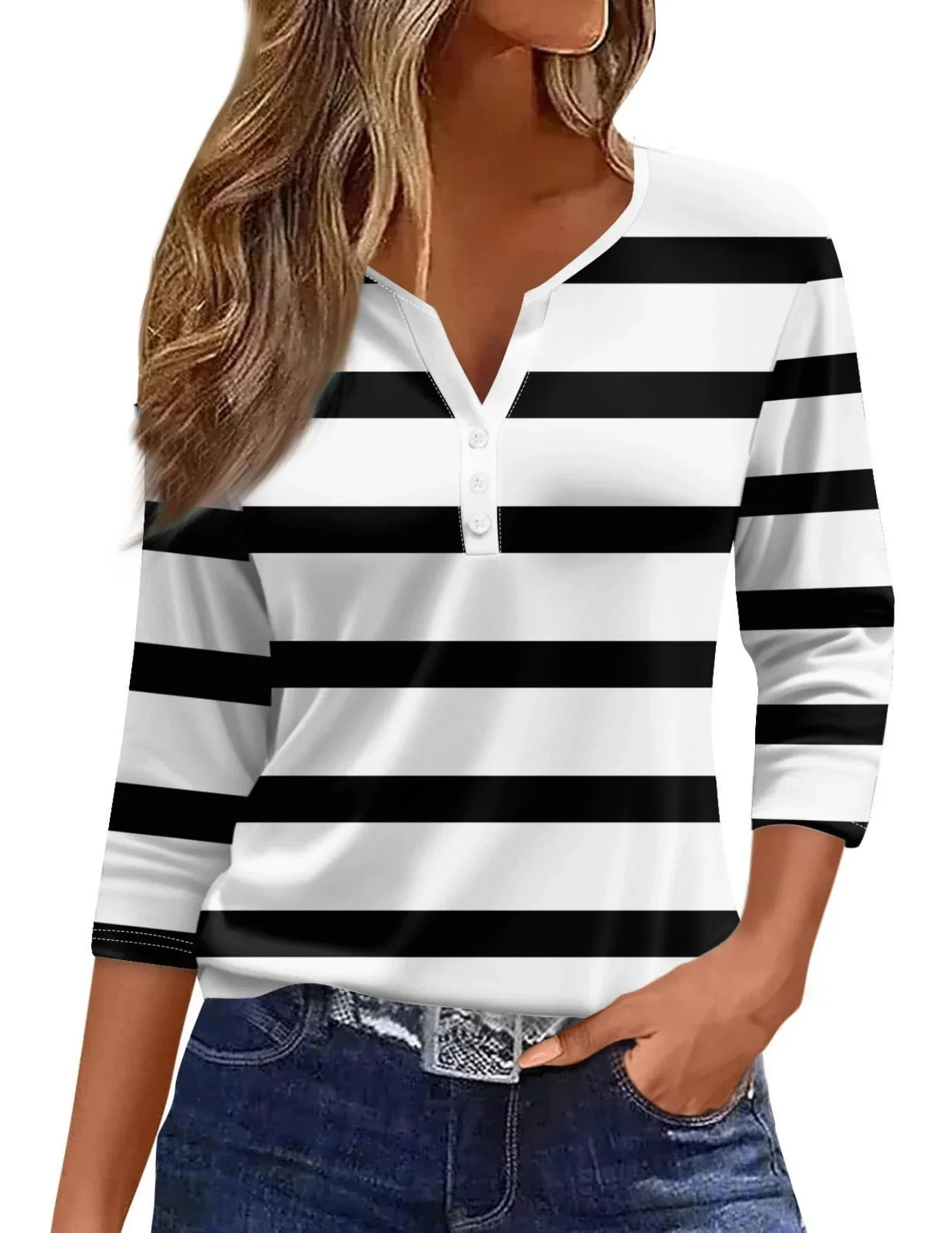 Women's V-Neck Striped T-Shirt - Soft Knit Polyester, Three Quarter Sleeve